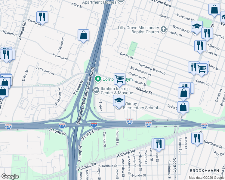 map of restaurants, bars, coffee shops, grocery stores, and more near 3445 Good Hope Street in Houston