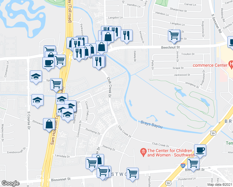 map of restaurants, bars, coffee shops, grocery stores, and more near 10000 Club Creek Drive in Houston