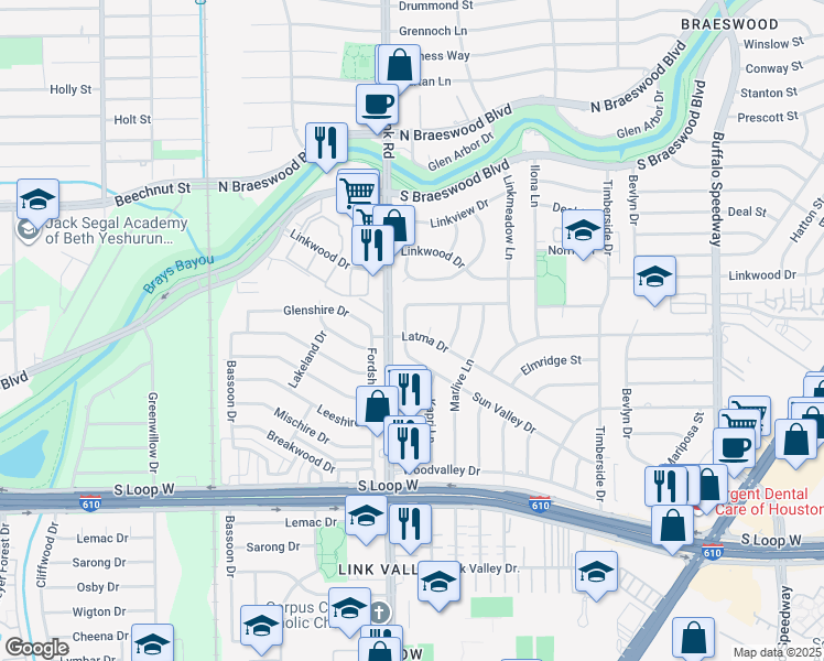 map of restaurants, bars, coffee shops, grocery stores, and more near 3824 Latma Drive in Houston