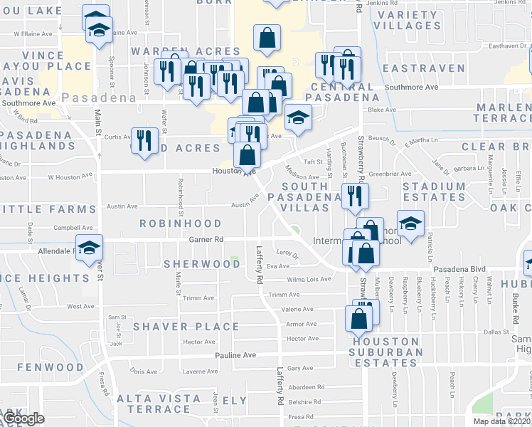 map of restaurants, bars, coffee shops, grocery stores, and more near 1803 Lafferty Rd in Pasadena
