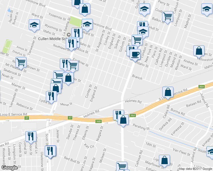 map of restaurants, bars, coffee shops, grocery stores, and more near 7136 Goforth Street in Houston
