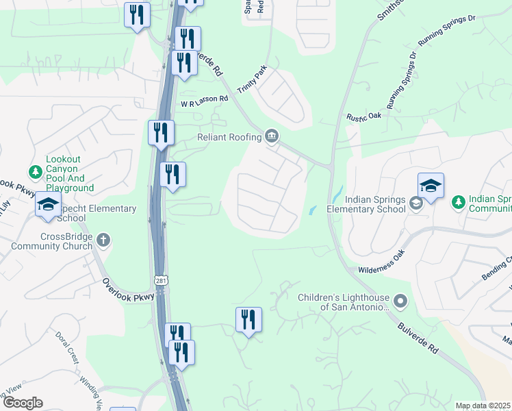 map of restaurants, bars, coffee shops, grocery stores, and more near 2523 Cielo Trace in San Antonio