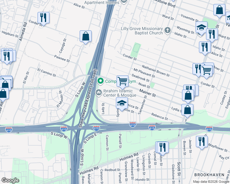 map of restaurants, bars, coffee shops, grocery stores, and more near 3445 Good Hope Street in Houston