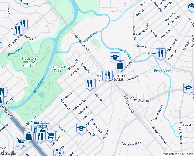 map of restaurants, bars, coffee shops, grocery stores, and more near 8447 Wier Drive in Houston