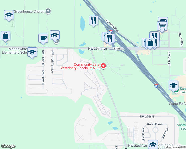 map of restaurants, bars, coffee shops, grocery stores, and more near 10311 Northwest 34th Lane in Gainesville