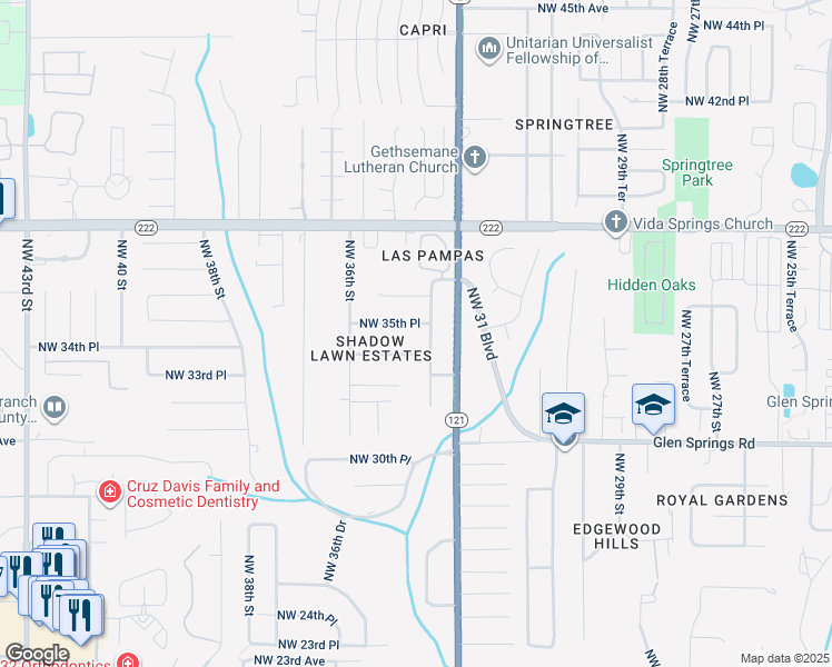 map of restaurants, bars, coffee shops, grocery stores, and more near 3451 Northwest 35th Place in Gainesville
