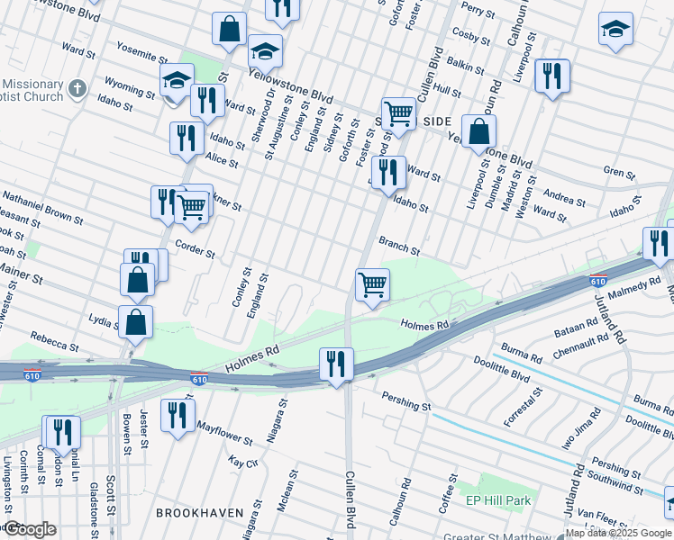 map of restaurants, bars, coffee shops, grocery stores, and more near 7130 Eastwood Street in Houston
