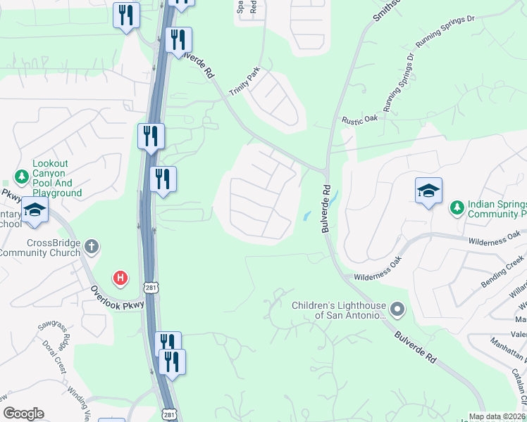 map of restaurants, bars, coffee shops, grocery stores, and more near 2614 Ladera Bend in San Antonio