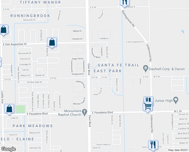 map of restaurants, bars, coffee shops, grocery stores, and more near 2910 San Marcos Drive in Deer Park