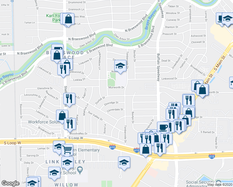 map of restaurants, bars, coffee shops, grocery stores, and more near 3522 Durhill Street in Houston
