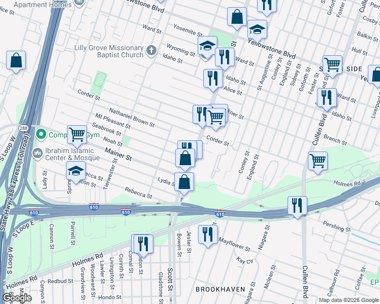 map of restaurants, bars, coffee shops, grocery stores, and more near 7222 Scott Street in Houston