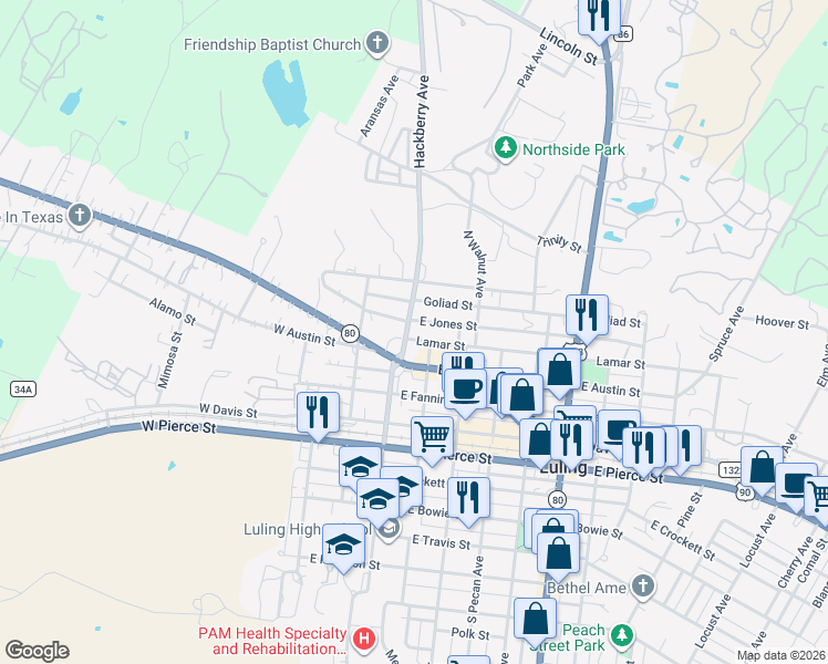 map of restaurants, bars, coffee shops, grocery stores, and more near 516 North Hackberry Avenue in Luling