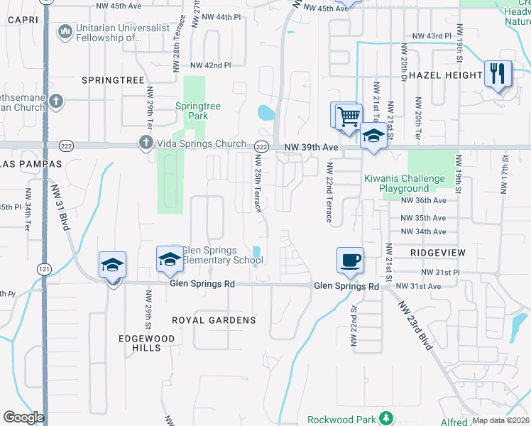 map of restaurants, bars, coffee shops, grocery stores, and more near 3531 Northwest 25th Terrace in Gainesville
