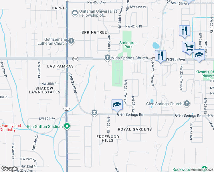 map of restaurants, bars, coffee shops, grocery stores, and more near 3505 Northwest 29th Terrace in Gainesville