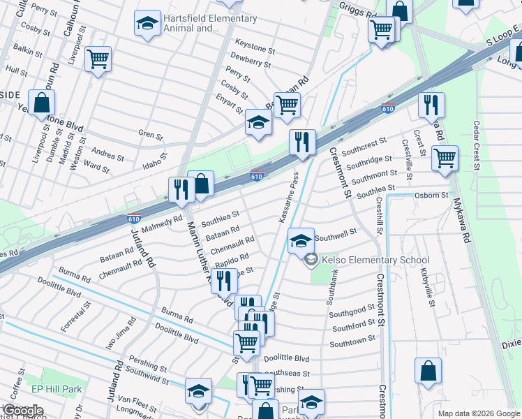 map of restaurants, bars, coffee shops, grocery stores, and more near 5533 Bataan Road in Houston
