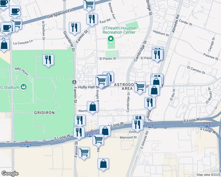 map of restaurants, bars, coffee shops, grocery stores, and more near 2250 Holly Hall Street in Houston
