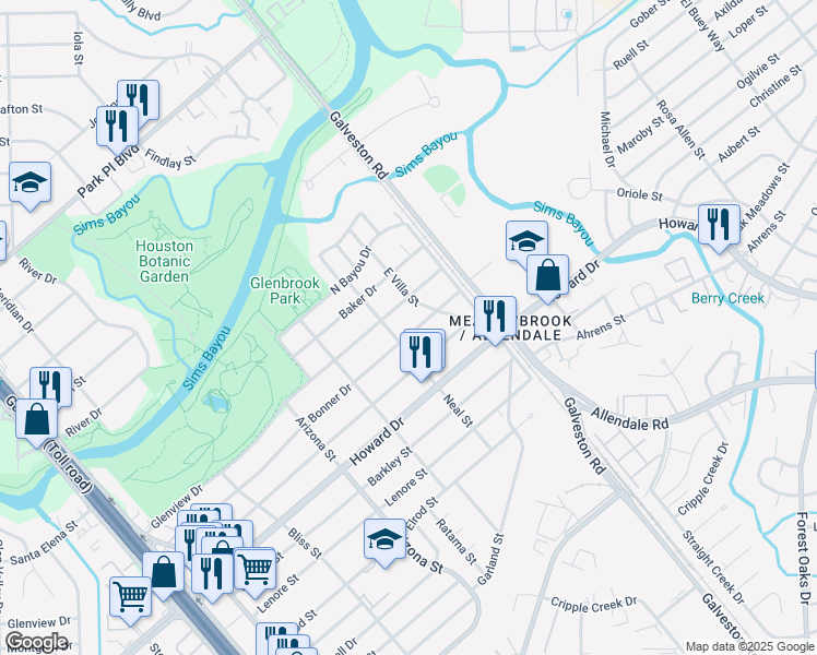 map of restaurants, bars, coffee shops, grocery stores, and more near 8415 Bonner Drive in Houston