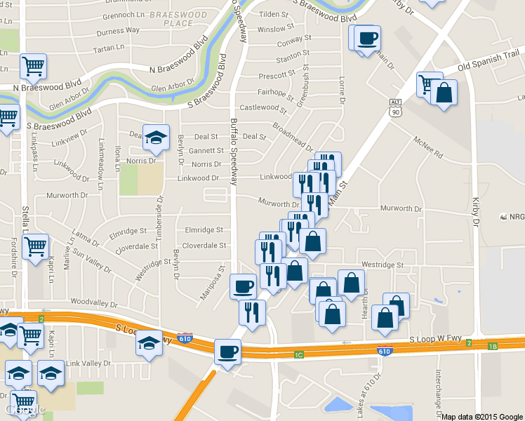 map of restaurants, bars, coffee shops, grocery stores, and more near 9283 Buffalo Speedway in Houston