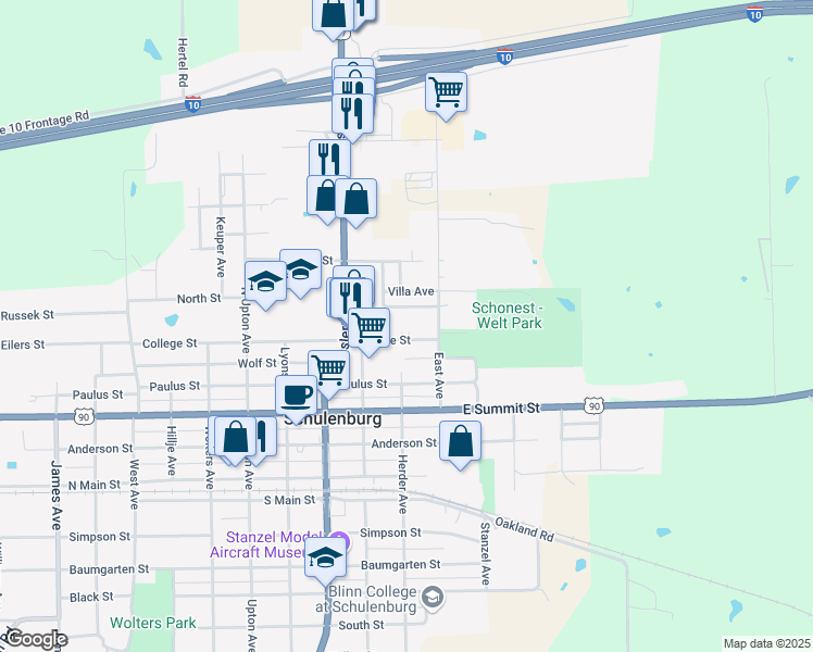 map of restaurants, bars, coffee shops, grocery stores, and more near 111 College Street in Schulenburg