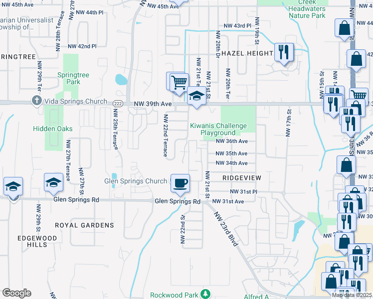 map of restaurants, bars, coffee shops, grocery stores, and more near 3439 Northwest 21st Drive in Gainesville