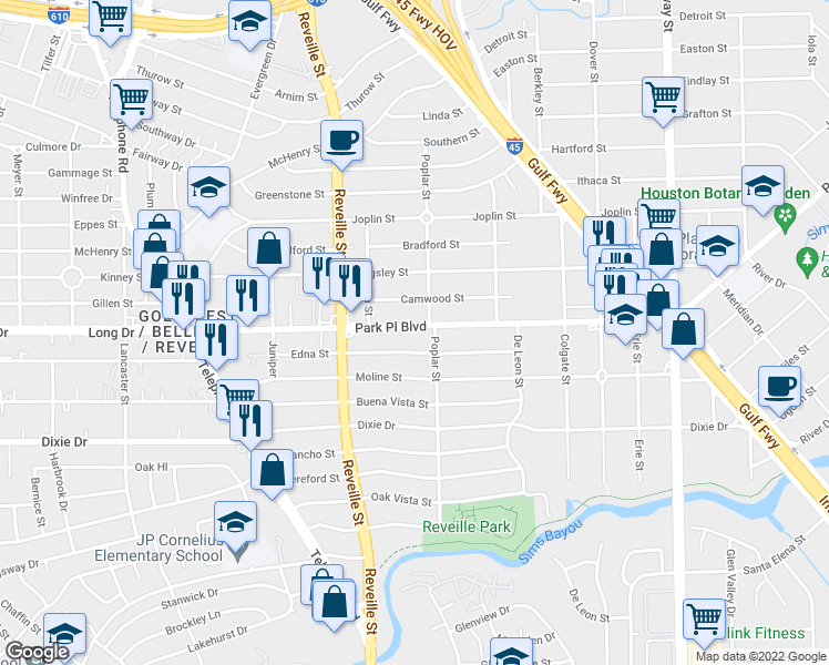 map of restaurants, bars, coffee shops, grocery stores, and more near 7654 Park Place Boulevard in Houston