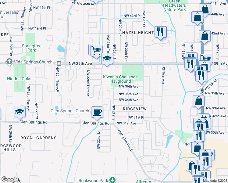 map of restaurants, bars, coffee shops, grocery stores, and more near 3515 Northwest 21st Street in Gainesville