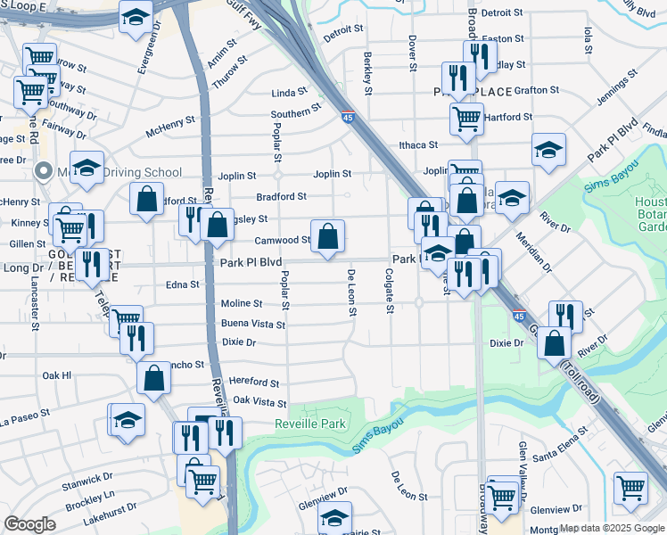 map of restaurants, bars, coffee shops, grocery stores, and more near 7742-7744 Park Place Boulevard in Houston