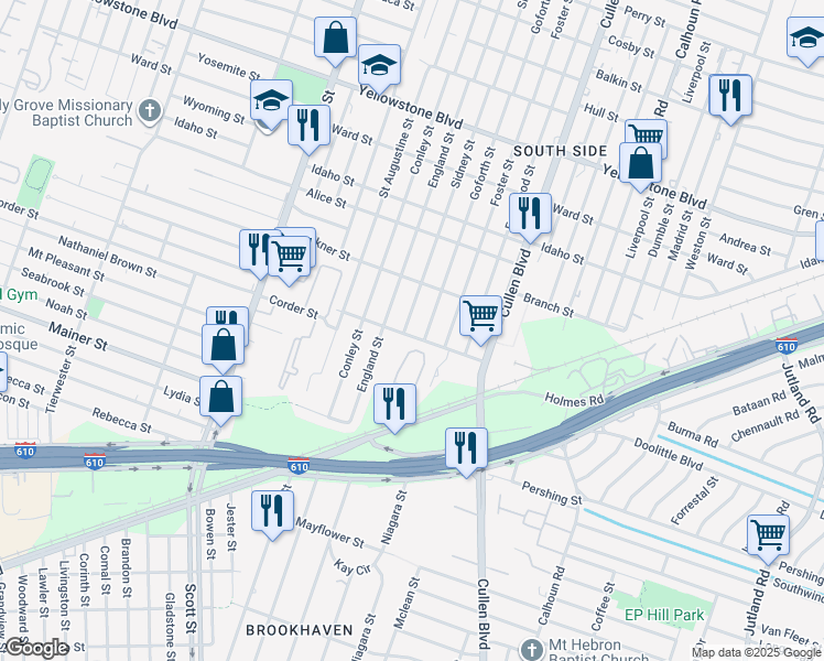 map of restaurants, bars, coffee shops, grocery stores, and more near 7136 Goforth Street in Houston
