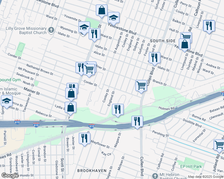 map of restaurants, bars, coffee shops, grocery stores, and more near 4206 Dreyfus Street in Houston
