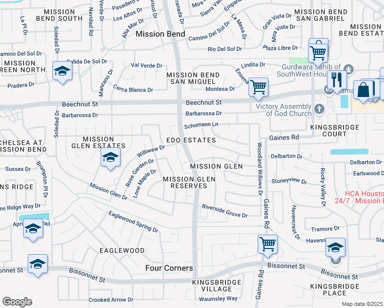 map of restaurants, bars, coffee shops, grocery stores, and more near 15802 Mission Bridge Court in Houston