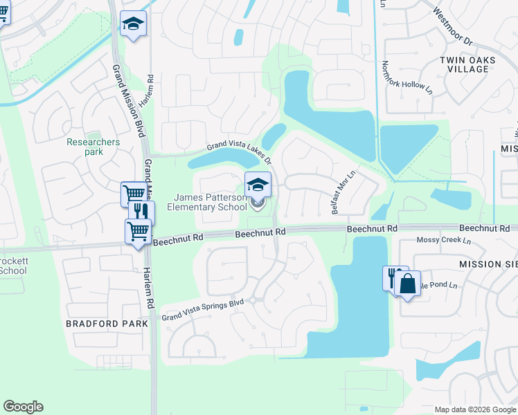 map of restaurants, bars, coffee shops, grocery stores, and more near 18702 Beechnut Street in Richmond
