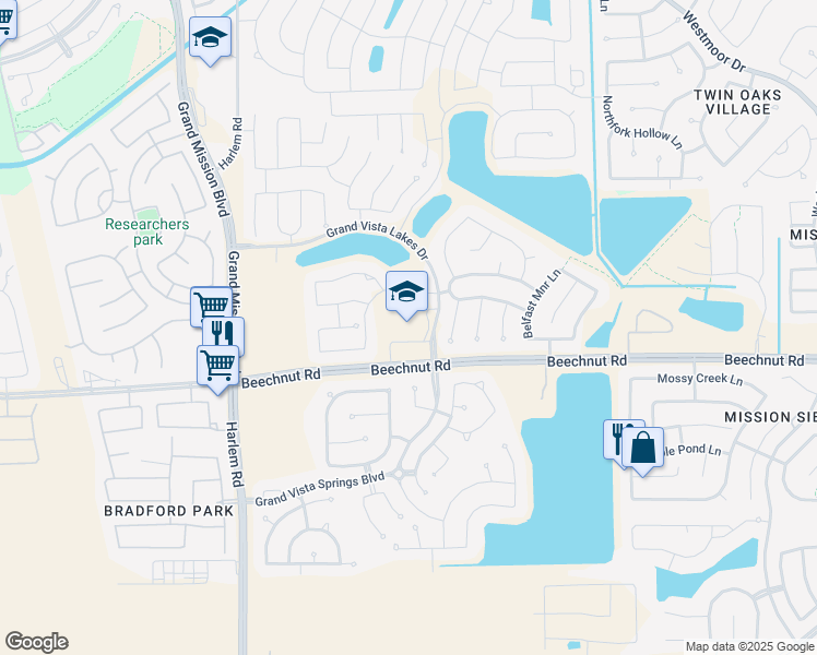 map of restaurants, bars, coffee shops, grocery stores, and more near 18702 Beechnut Street in Richmond