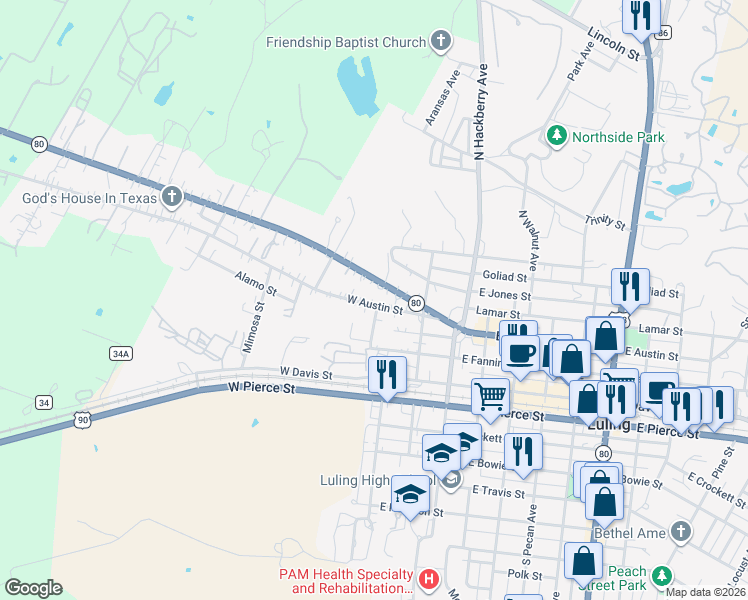 map of restaurants, bars, coffee shops, grocery stores, and more near 204 West Austin Street in Luling