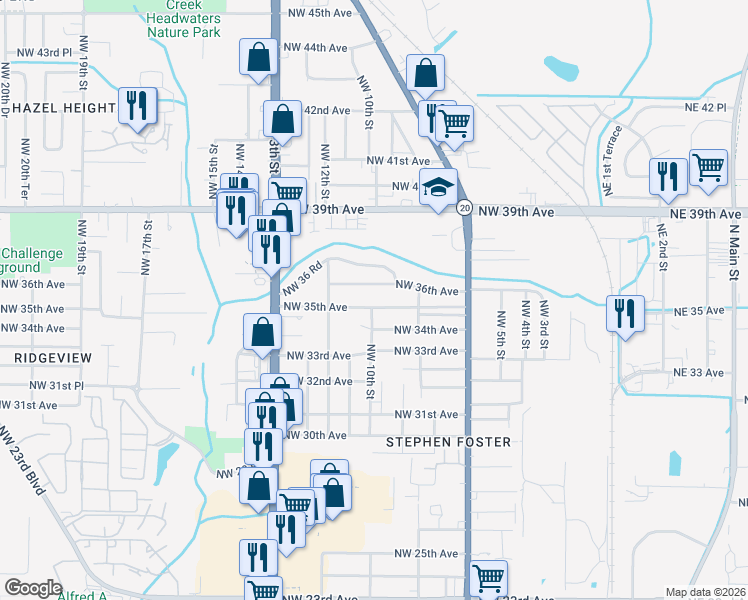 map of restaurants, bars, coffee shops, grocery stores, and more near 1004 Northwest 35th Avenue in Gainesville