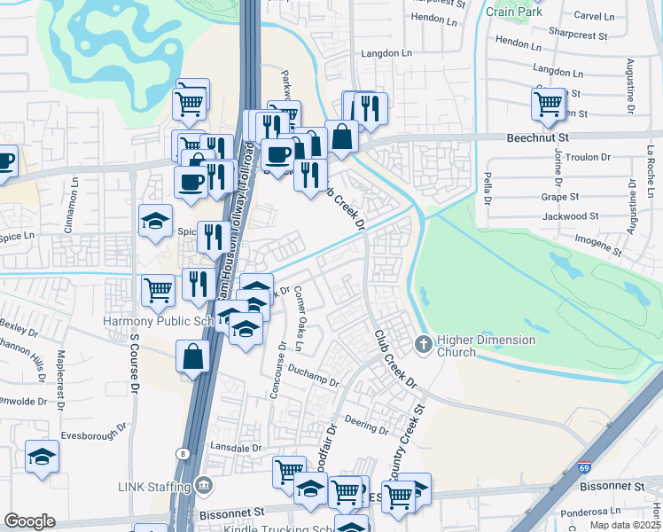 map of restaurants, bars, coffee shops, grocery stores, and more near 908 Green Fork Drive in Houston