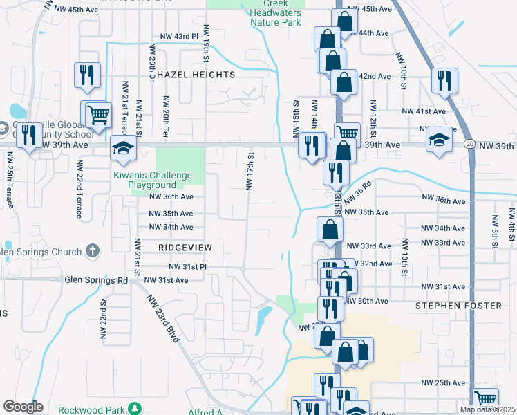 map of restaurants, bars, coffee shops, grocery stores, and more near 1639 Northwest 35th Place in Gainesville
