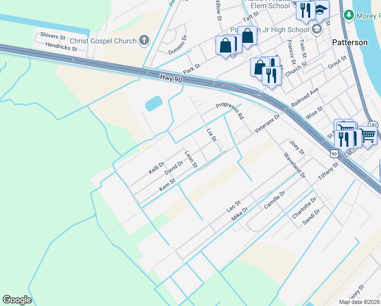 map of restaurants, bars, coffee shops, grocery stores, and more near 508 David Drive in Patterson