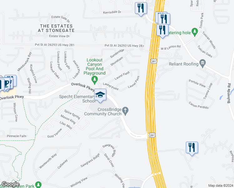 map of restaurants, bars, coffee shops, grocery stores, and more near 25912 Laurel Springs in San Antonio