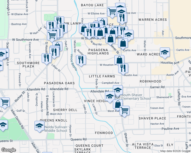 map of restaurants, bars, coffee shops, grocery stores, and more near 309 West Austin Avenue in Pasadena