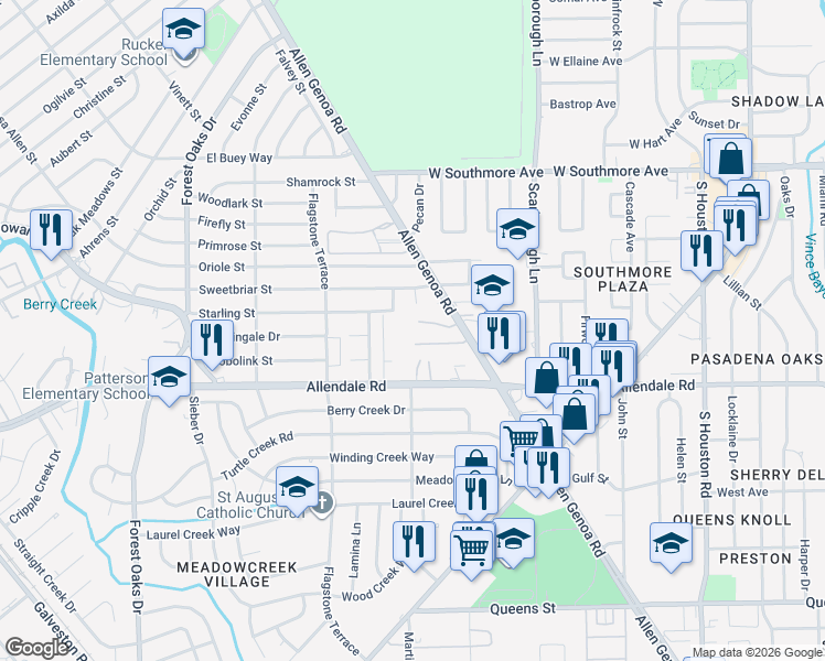 map of restaurants, bars, coffee shops, grocery stores, and more near 6005 Allendale Road in Houston