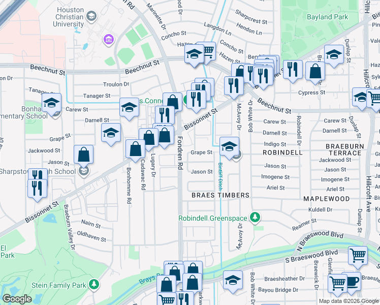 map of restaurants, bars, coffee shops, grocery stores, and more near 6617 Grape Street in Houston