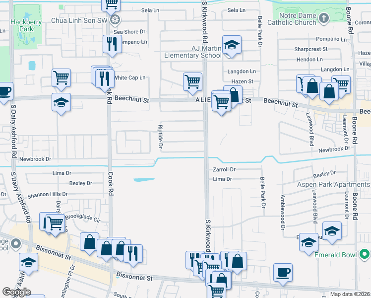 map of restaurants, bars, coffee shops, grocery stores, and more near 11926 Newbrook Drive in Houston