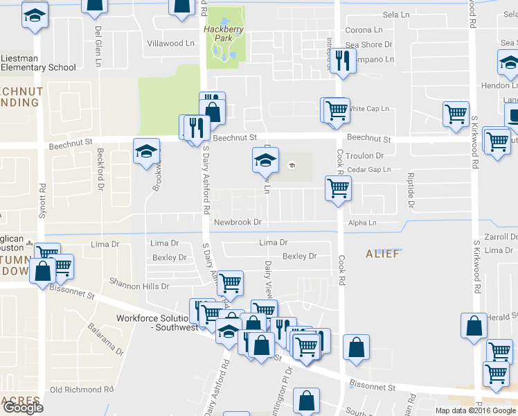 map of restaurants, bars, coffee shops, grocery stores, and more near 12516 Newbrook Drive in Houston