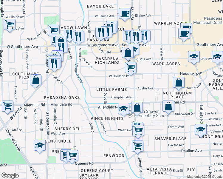 map of restaurants, bars, coffee shops, grocery stores, and more near 139 West Austin Avenue in Pasadena