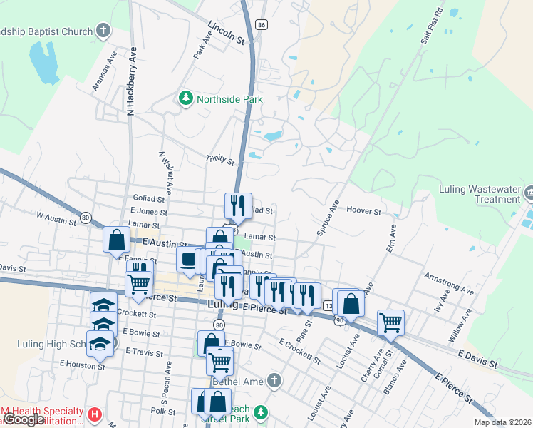 map of restaurants, bars, coffee shops, grocery stores, and more near 807 East Jones Street in Luling