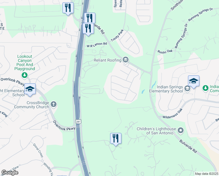 map of restaurants, bars, coffee shops, grocery stores, and more near 25923 Avellino Bluff in San Antonio