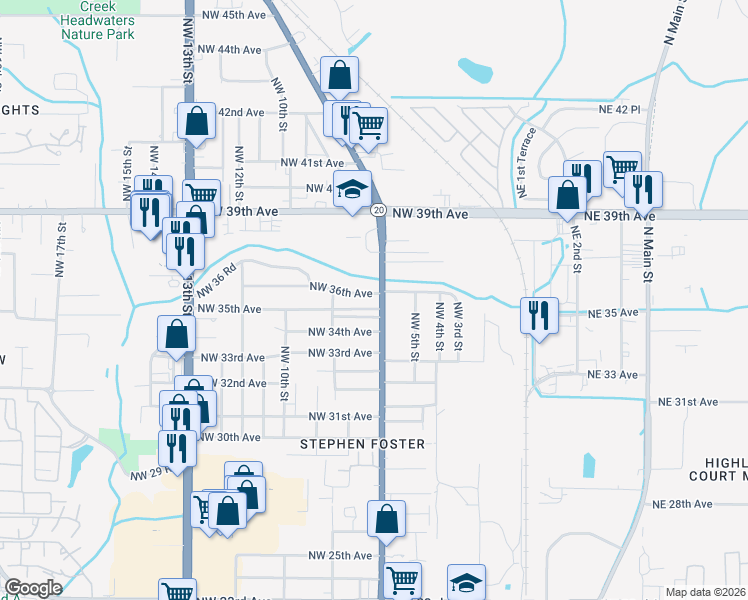 map of restaurants, bars, coffee shops, grocery stores, and more near 3514 Northwest 6th Street in Gainesville