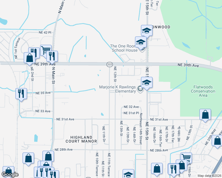 map of restaurants, bars, coffee shops, grocery stores, and more near 3503 Northeast 11th Terrace in Gainesville