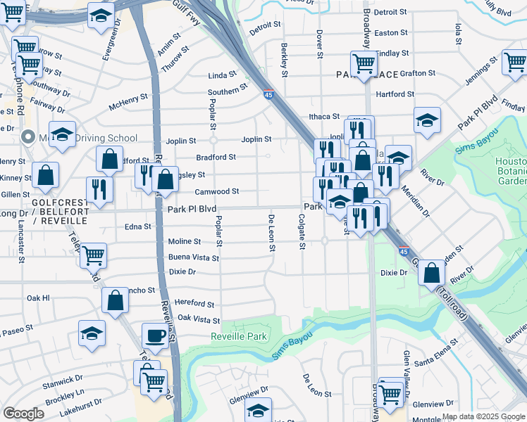 map of restaurants, bars, coffee shops, grocery stores, and more near 7748 Park Place Boulevard in Houston