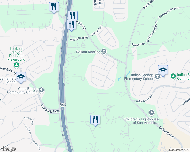 map of restaurants, bars, coffee shops, grocery stores, and more near 2511 Cielo Trace in San Antonio